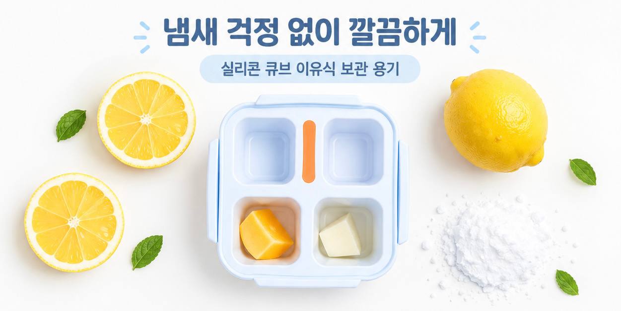 아기 이유식 큐브 실리콘 보관 용기 배인 냄새 제거법 개념 일러스트